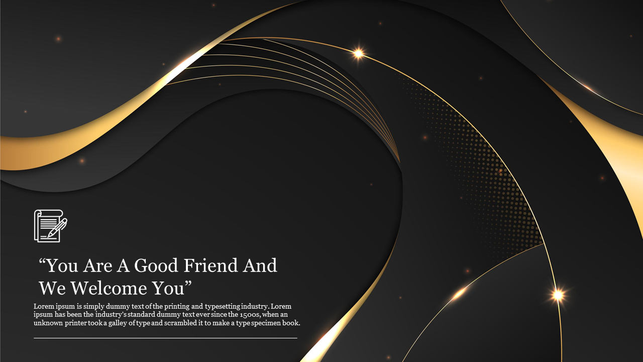 Elegant black and gold background with abstract curves and subtle sparkles with placeholder text.