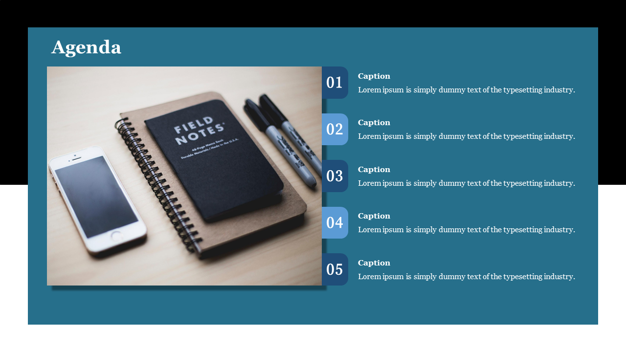 An agenda template with a phone and notebook accompanied by numbered captions on a teal backdrop.