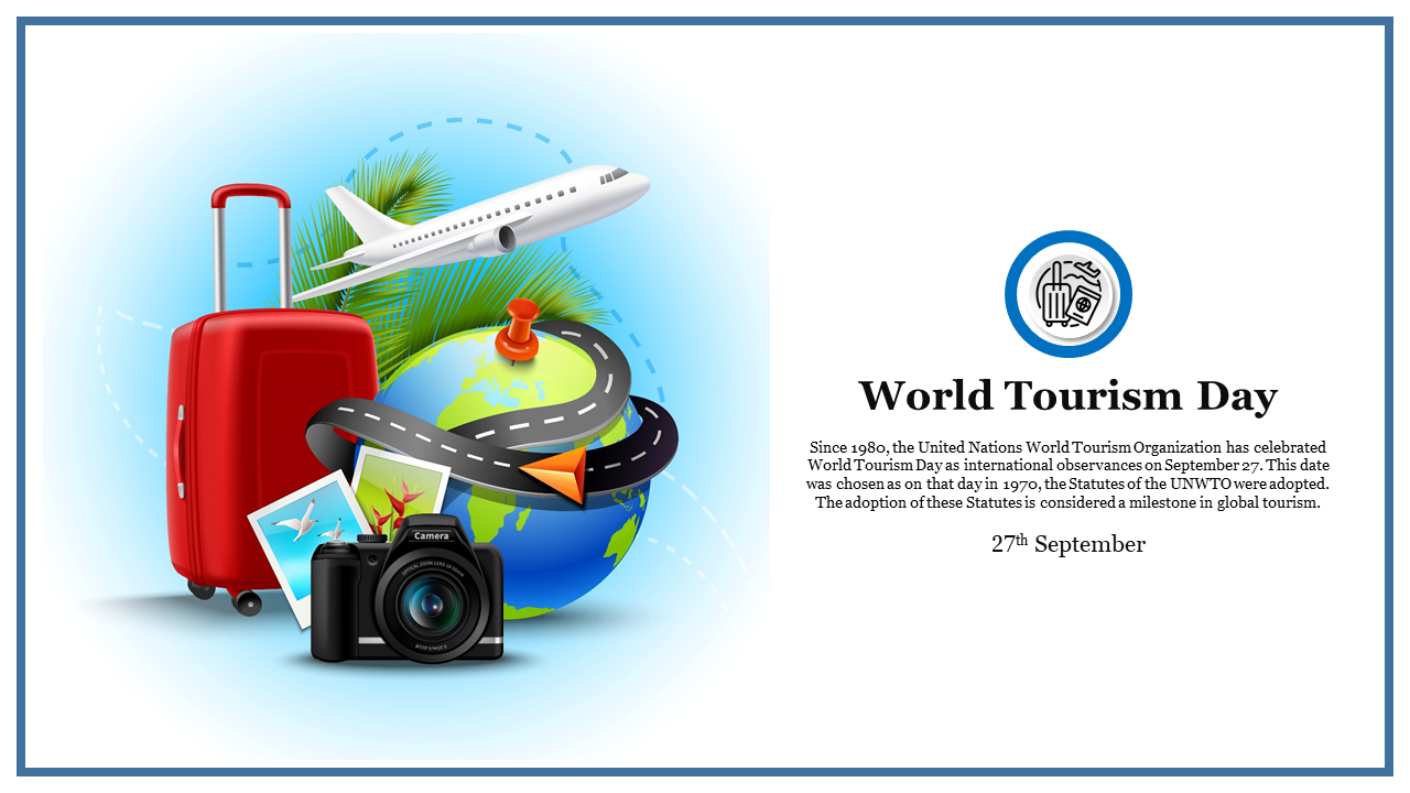 World Tourism day slide featuring a globe with a suitcase, airplane, camera, and travel photos, symbolizing global tourism.