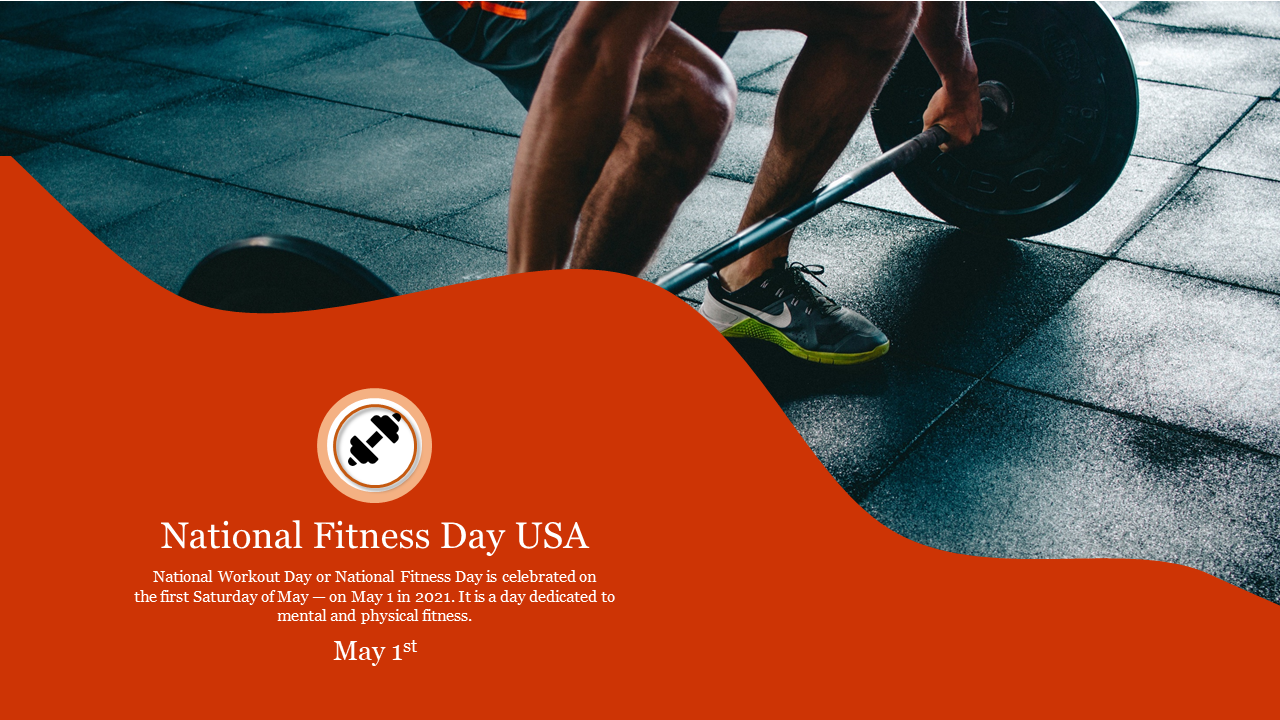 National fitness day slide with a person lifting a barbell on a textured gym floor, featuring an orange wave design.