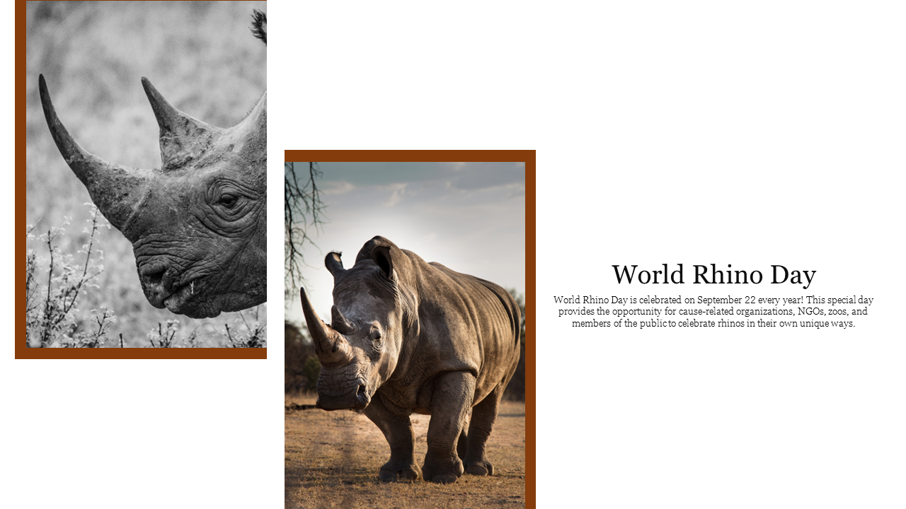 Two framed rhino images, one grayscale and another in color, with text on the right marking the september 22 event.