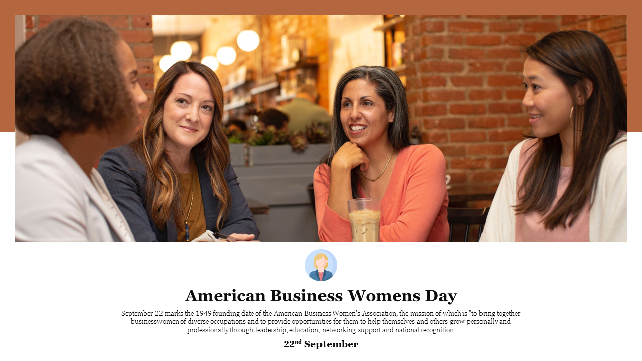 Four diverse women in discussion at a cafe with a text section below about American business women's day on September 22.