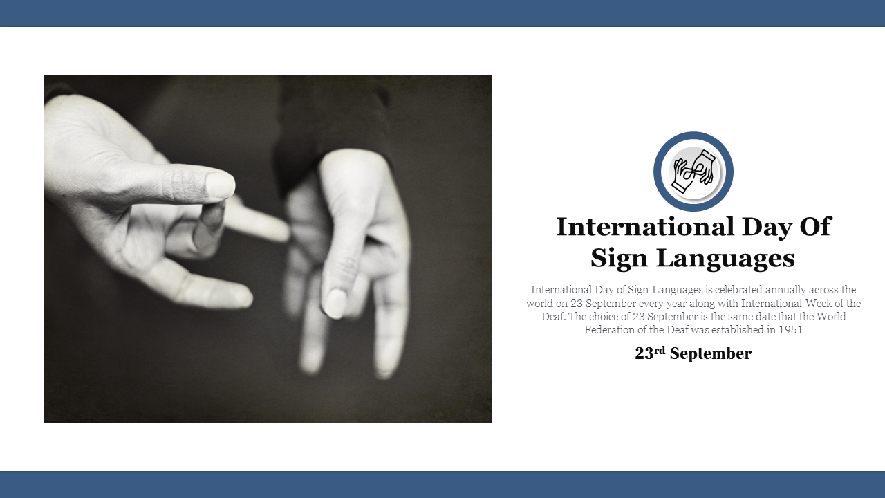 International day of sign languages with an image of hands making a sign gesture and text details on the right.