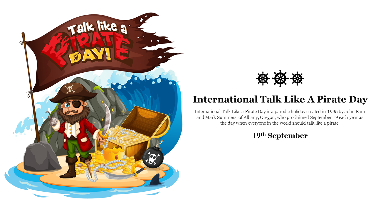 Pirate graphic featuring a treasure chest and a banner, with info on international talk like a pirate day on the right.