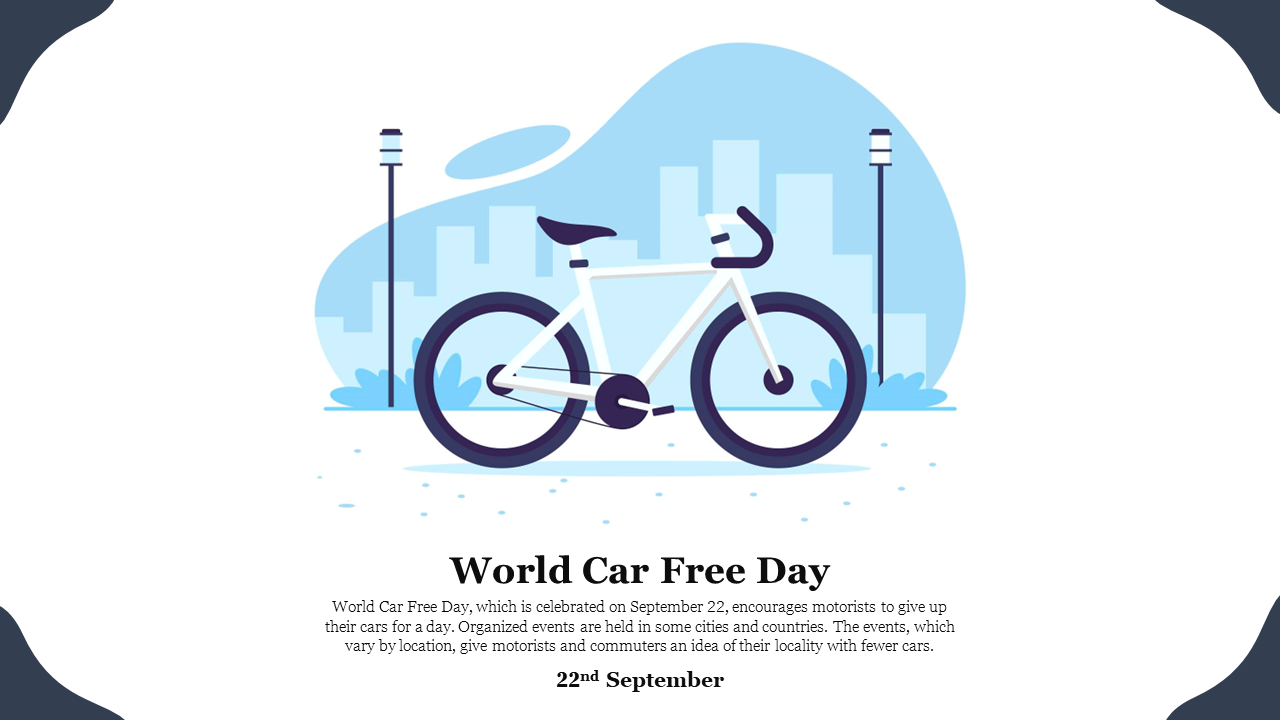 World car free day slide showing a bicycle in a city environment with soft blue tones, with descriptive text underneath.