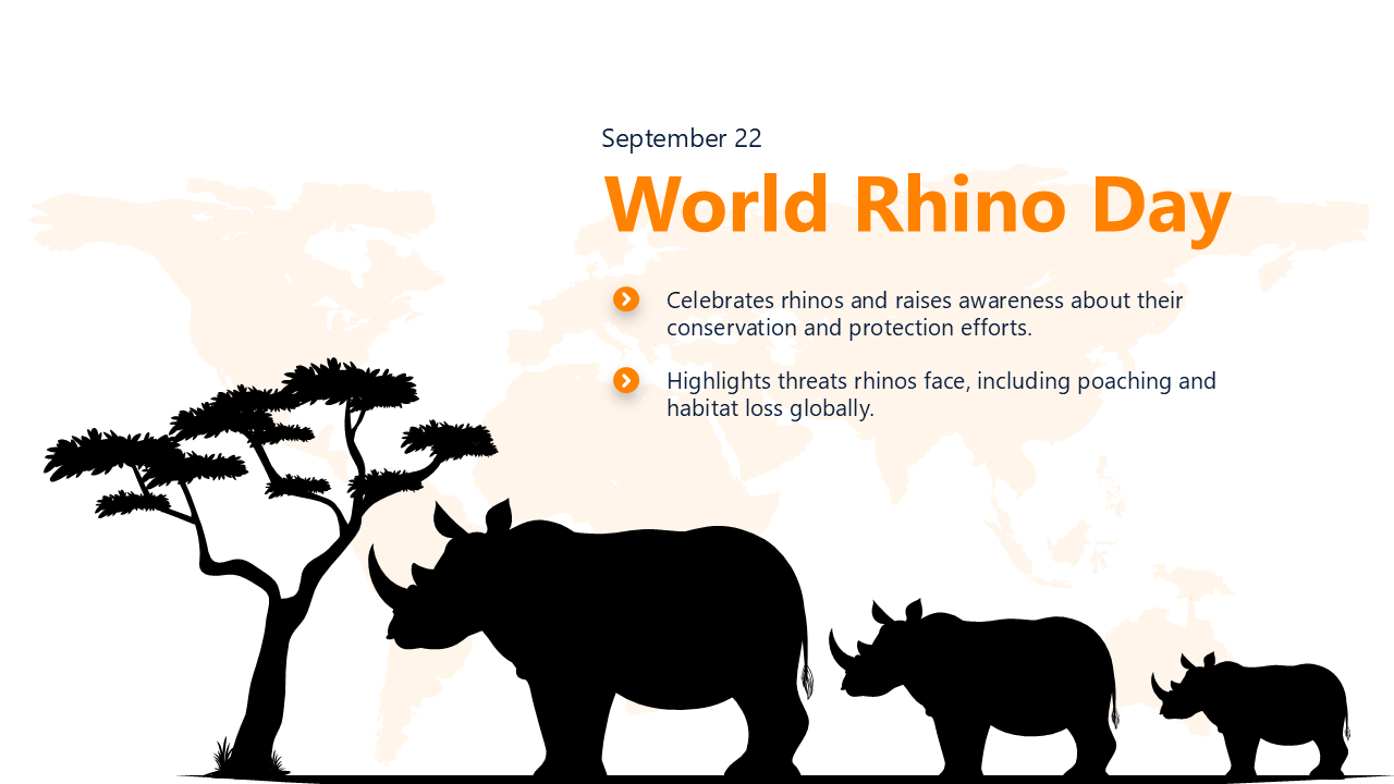 World rhino day PPT with rhino images, global map, and key facts on conservation and poaching challenges in a clear layout.