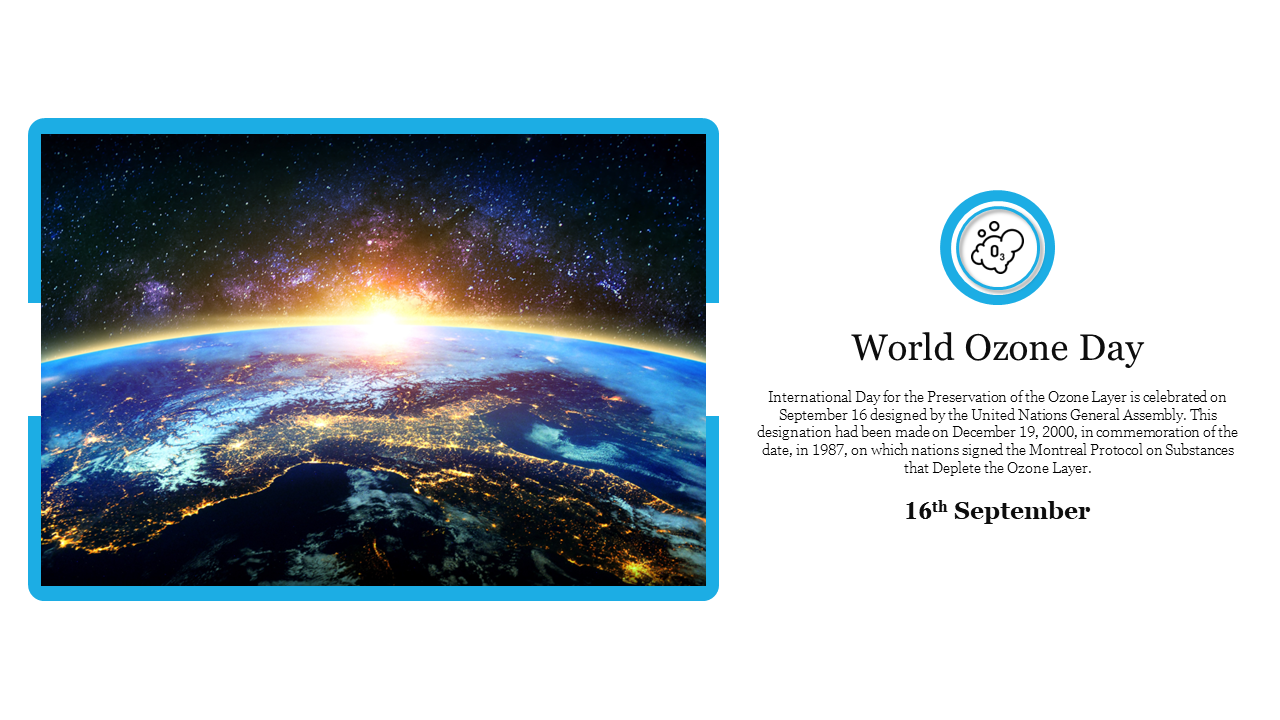 Earth from space with sunrise, framed in blue, marking world ozone day on september 16 with information text on the right.