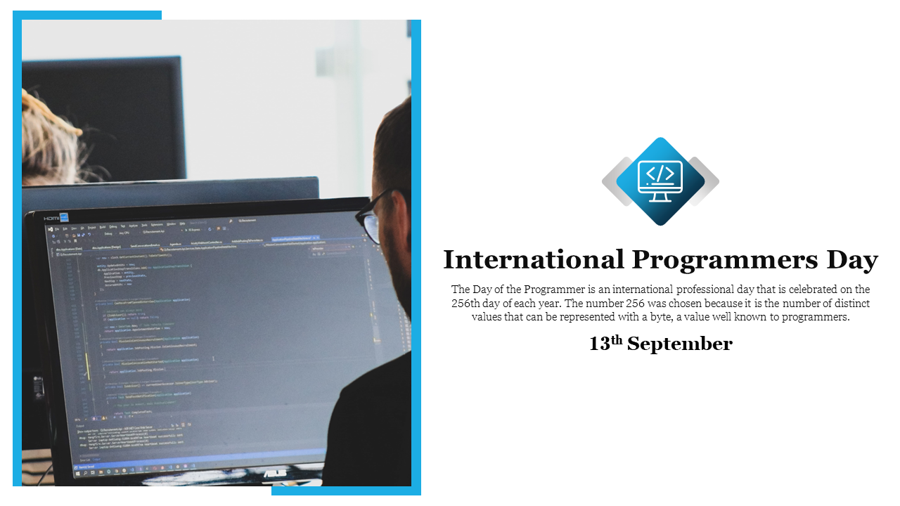 International programmers day slide featuring a programmer working at a computer screen filled with code.