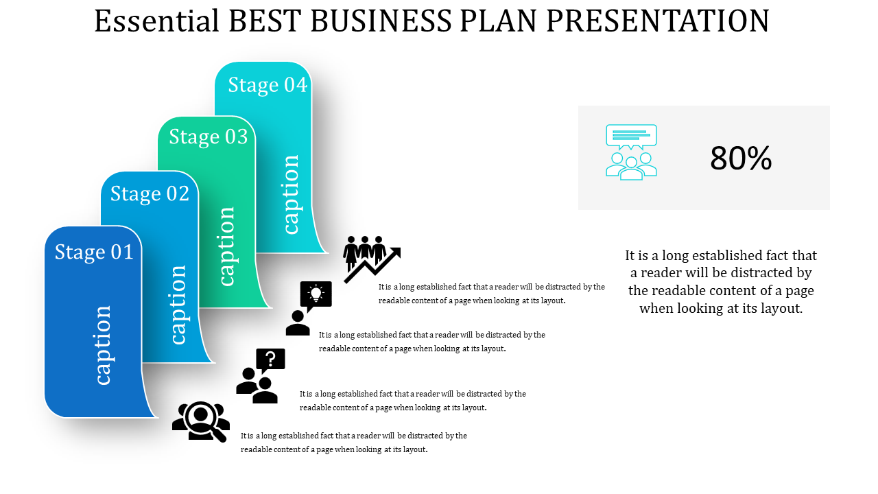 Business slide with four colorful curved stage labels on the left with icons, text, and right aligned statistic visual.