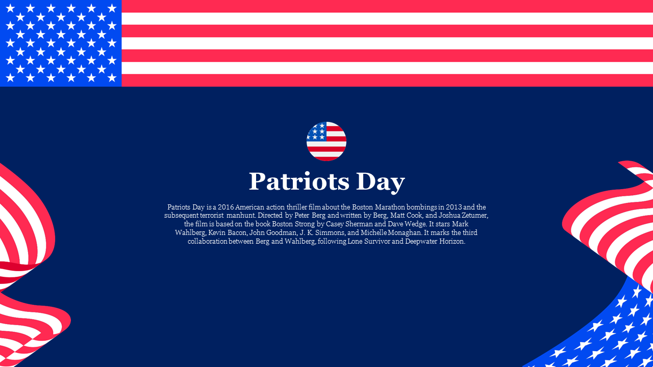 American flag patterns with stripes and stars framing a navy background with centered text and a circular icon.