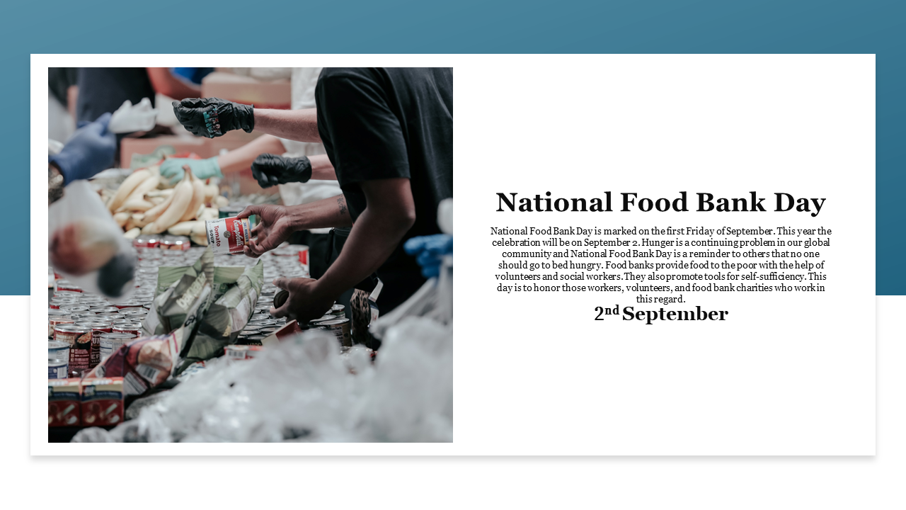 Volunteers at a food bank on National Food Bank day, which promotes food distribution and self sufficiency for the hungry.