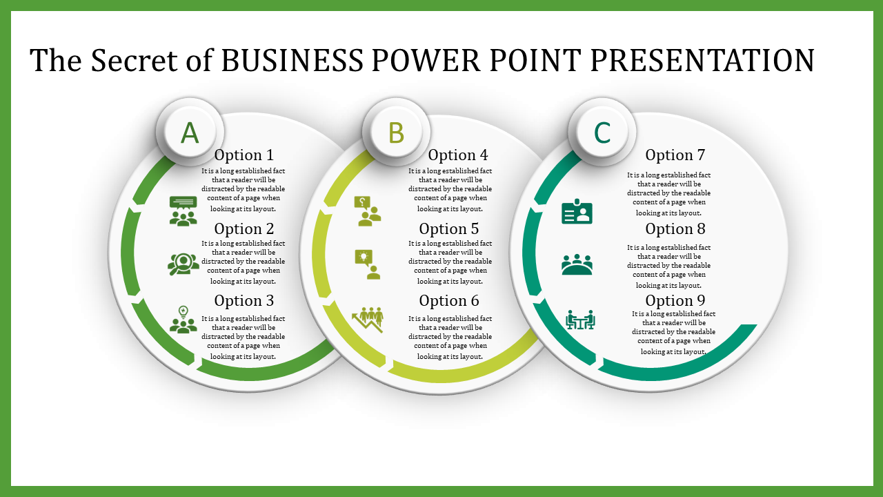 Business PowerPoint slide with options A, B, and C, each containing informative points and icons.