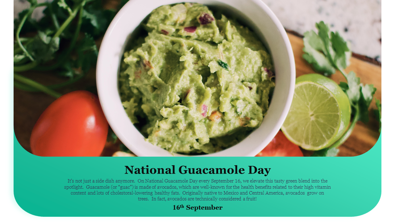 White bowl of guacamole surrounded by lime and tomato, placed on a wooden surface with green text area at the bottom.