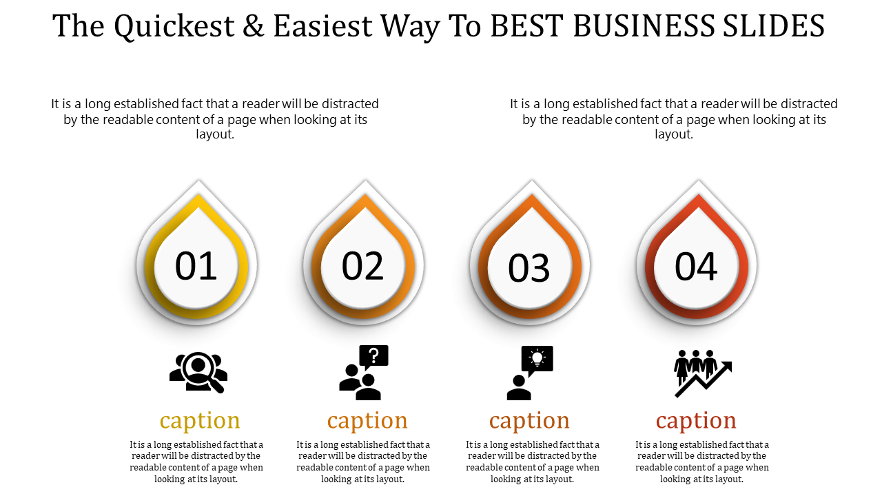 Business PPT slide with four numbered drops, each containing icons and captions related to project steps with text area.