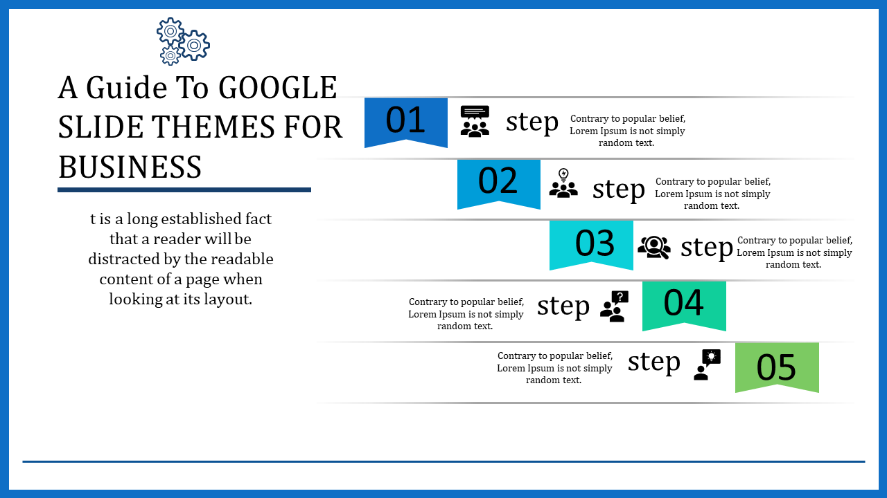 Business themed Google Slide with numbered steps, icons, and colorful banners with placeholder text.