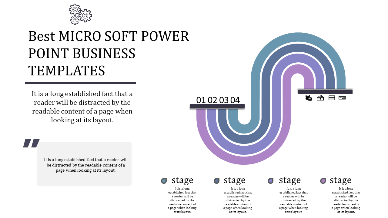 Business PowerPoint template featuring a colorful curved design with four stages and business icons with placeholder text.