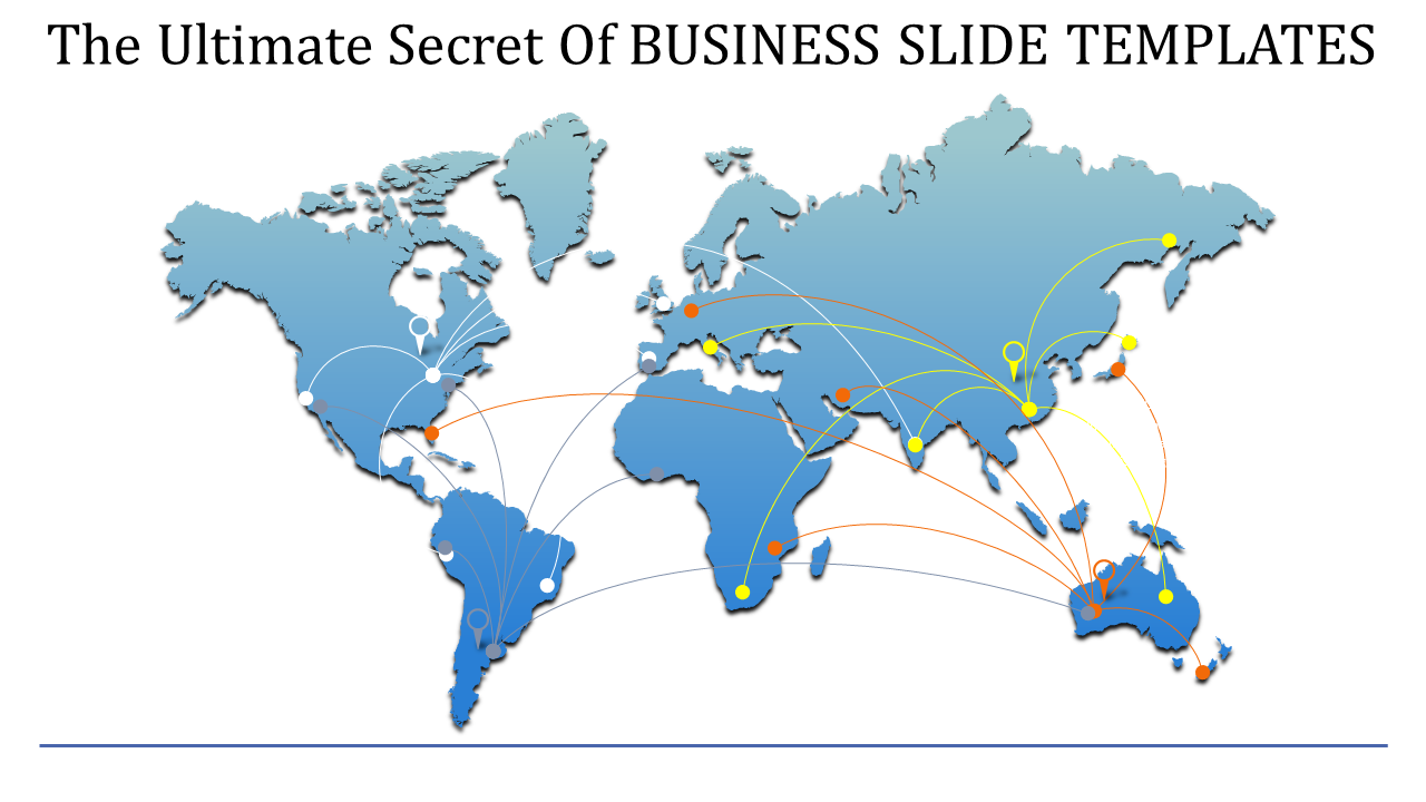 Global business slide with a world map showing interconnected points across various continents.