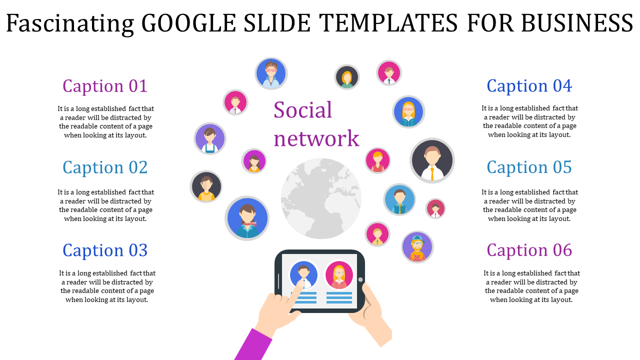 Social network concept for business with user icons arranged in a circle around a world map and captions on both sides.