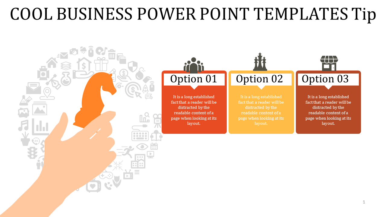 Business PowerPoint slide with an orange knight piece surrounded by business related icons with three options.