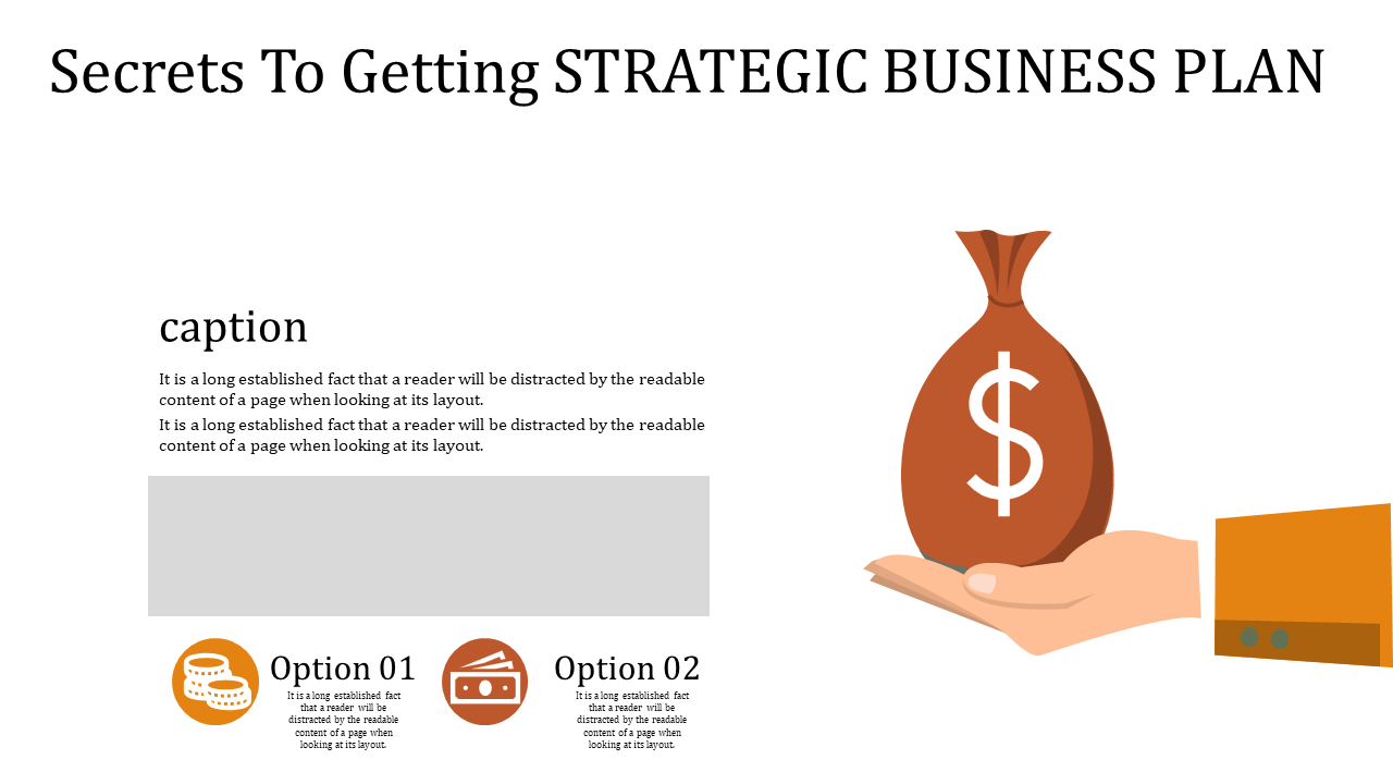 Business strategy template showing a money bag illustration, text placeholders, and financial icons for options.