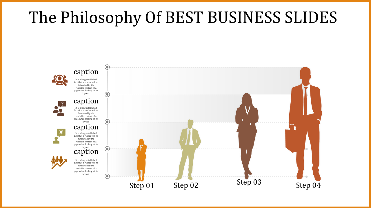 Business growth timeline with icons and silhouettes of professionals progressing from smaller to larger sizes in four steps.