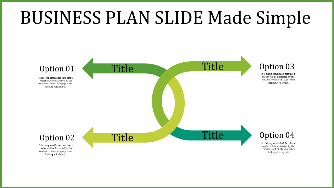 Green-themed business plan template with two interlocking arrows and labeled option sections.