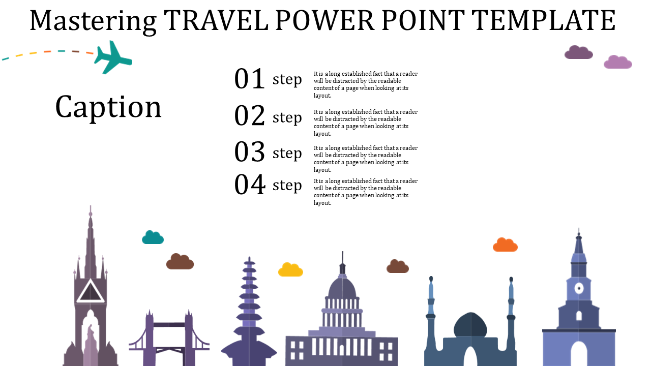 Travel-themed slide featuring global landmarks with a four-step process listed on the right and an airplane graphic.