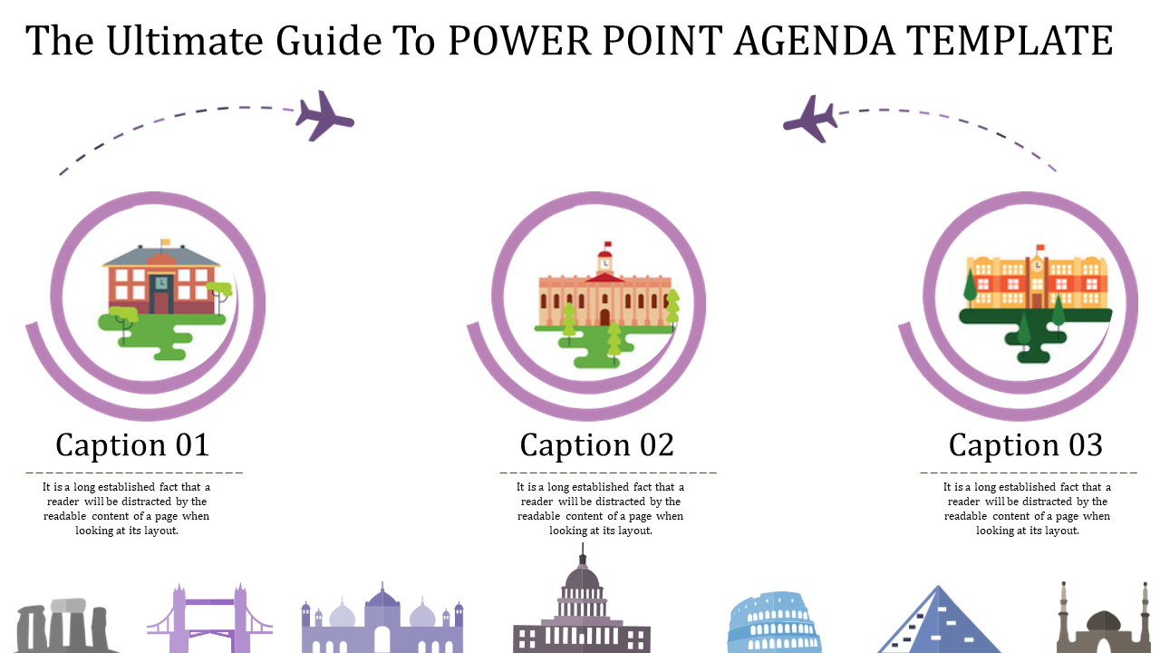 Agenda template featuring building icons in purple circles with captions beneath, flanked by flying airplane graphics.