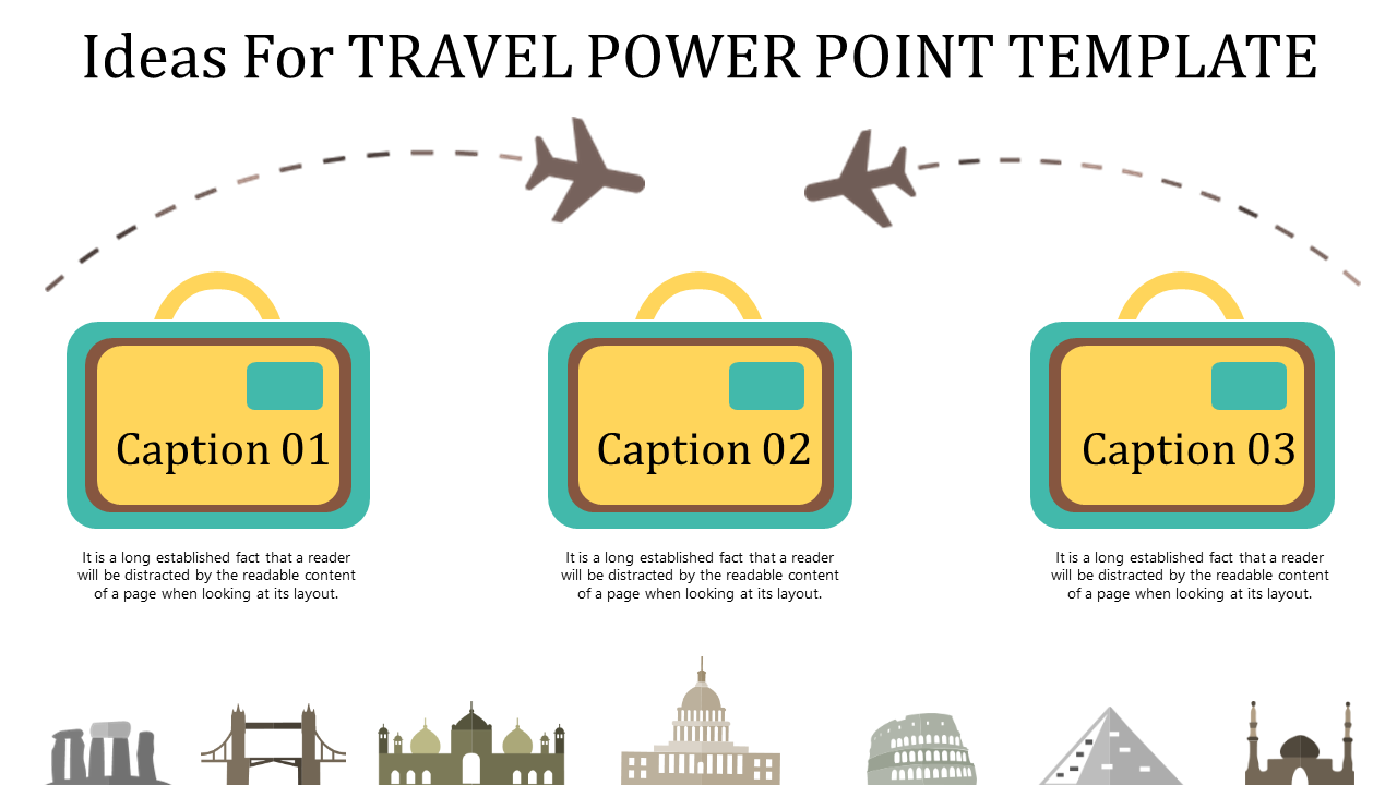 Travel themed slide with three yellow colored suitcase icons with captions under flying airplanes.