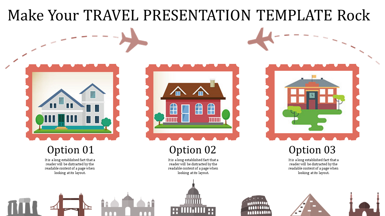 Travel presentation template featuring different accommodation options, including homes, houses, and schools.