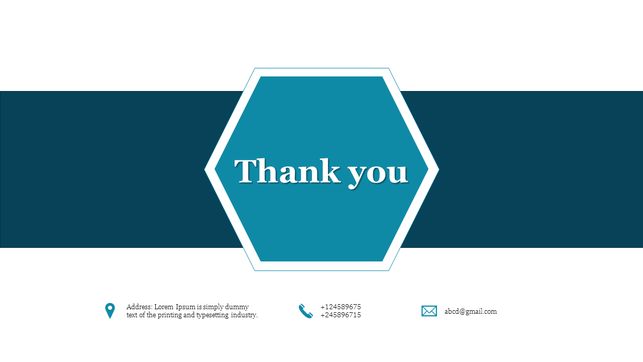 Minimalist Thank you slide with contact information and location pin, phone numbers, and email.