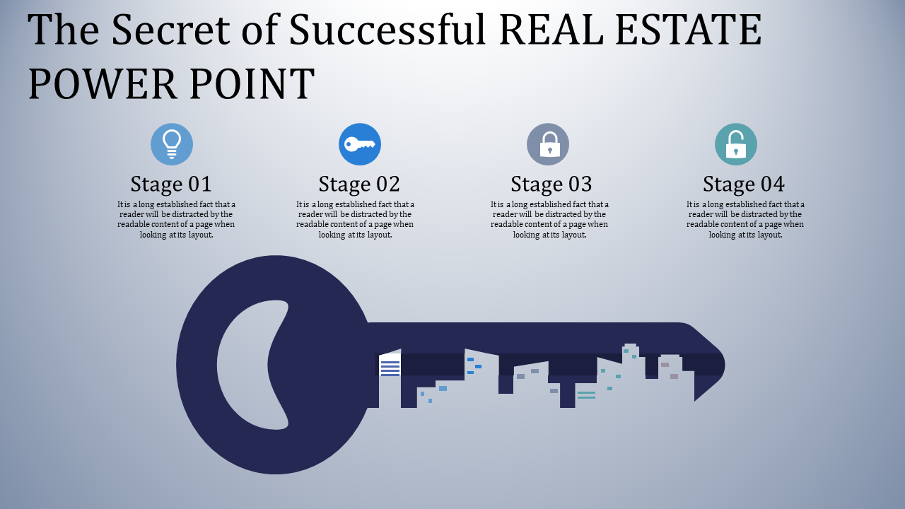 Real estate slide featuring a key design integrated with a cityscape and four stages represented by icons.