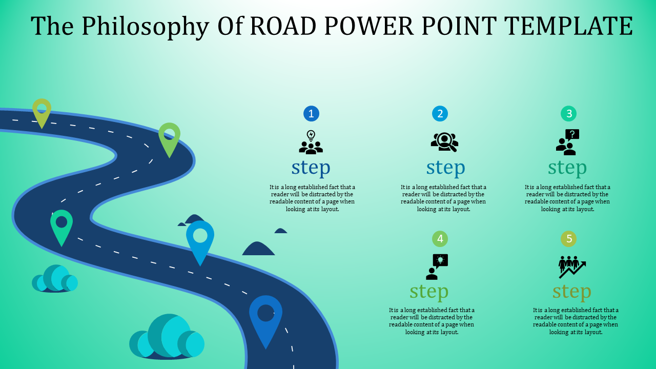 Infographic with a blue road path connecting five steps, each step featuring a unique icon and description.