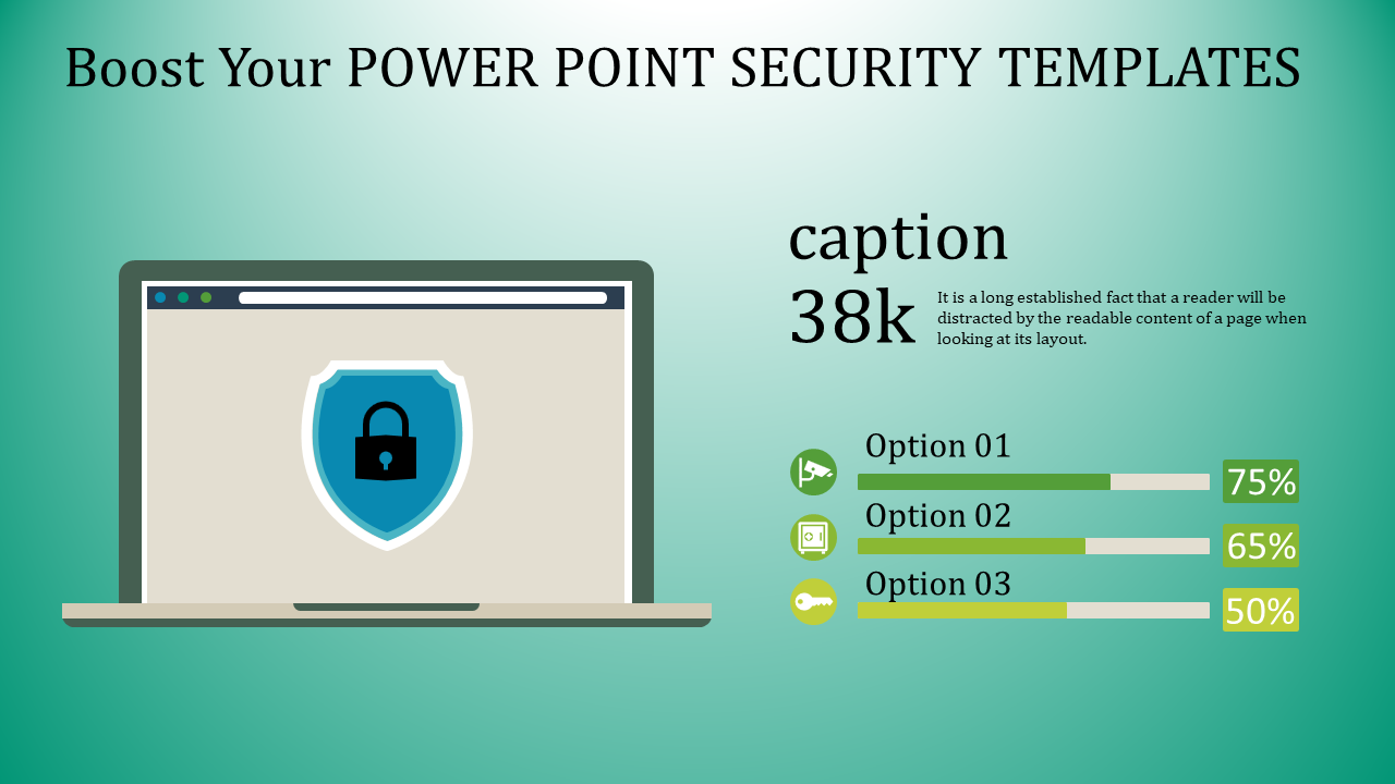 Green gradient slide with a laptop graphic showing a security shield and three progress bars with percentages on the right.