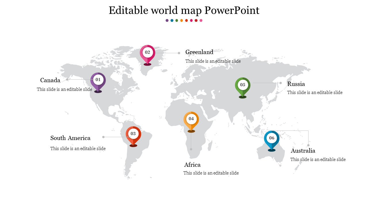 World map slide with location markers for Canada, Greenland, South America, Africa, Russia, and Australia with text sections.