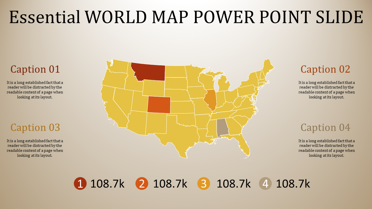 U.S. map with highlighted states in brown shades, surrounded by textual captions and numeric indicators with a value. 