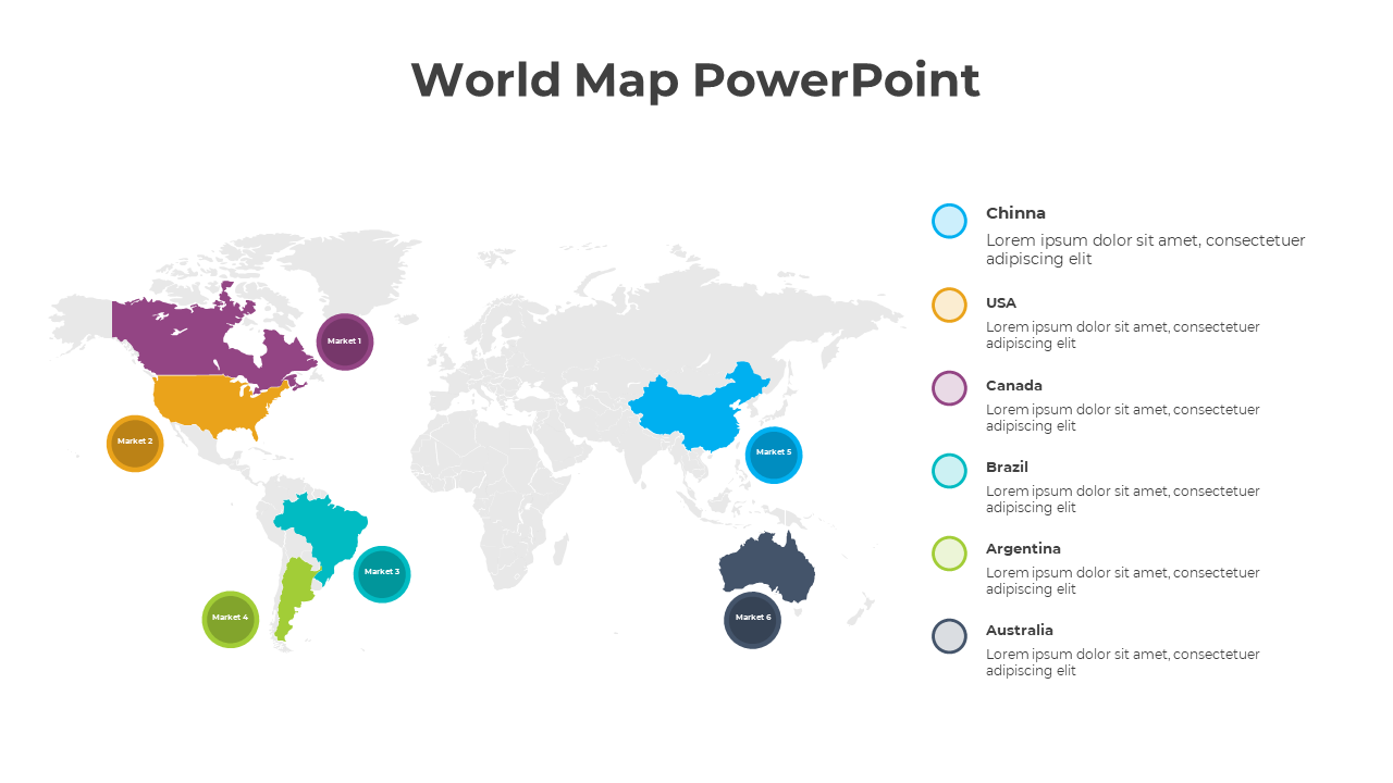 World map with six highlighted markets from China to Australia, with color coded sections with placeholder text.