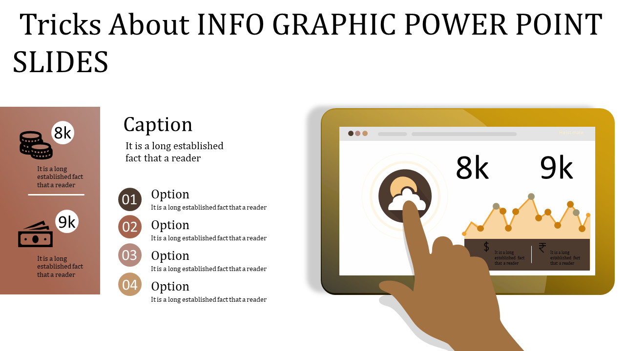 Creative PowerPoint slide with an infographic showing a graph and various options to explore.