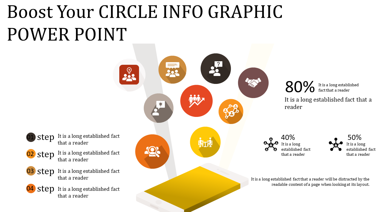 Infographic slide with business icons in circular shapes emerging from a yellow smartphone, alongside percentage metrics.