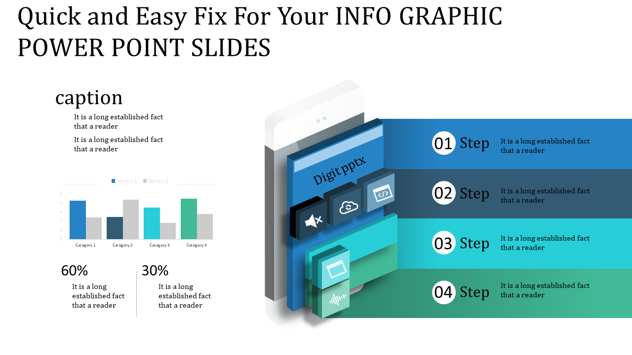 Infographic with bar charts, percentage stats, and a layered blue 3D smartphone like structure with four captions.