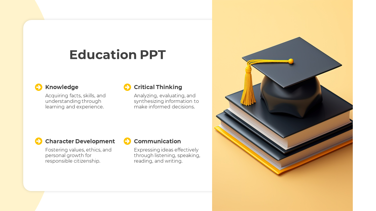 Education slide with a graduation cap on stacked books and yellow accents, paired with four text sections.