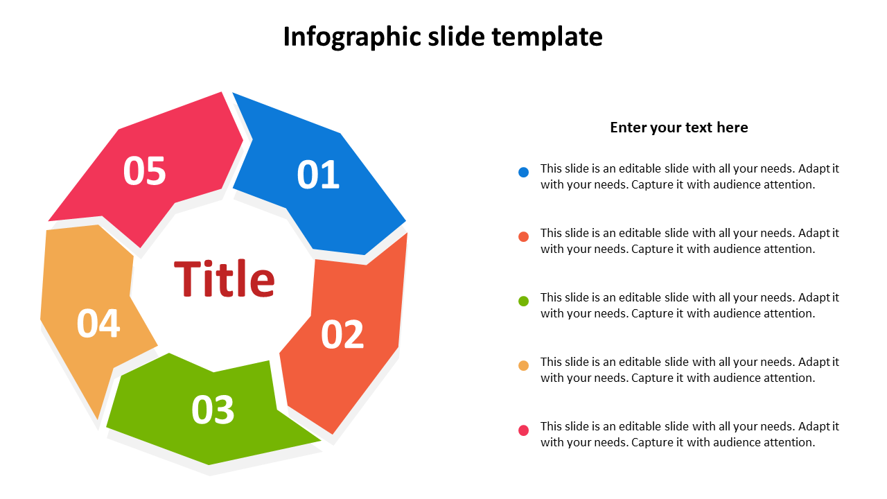 Infographic slide with five colorful sections, each numbered and labeled for a step by step process with placeholder text.