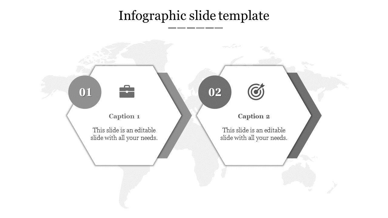 Two gray hexagonal shapes with numbered sections, icons and text, set against a subtle world map background.