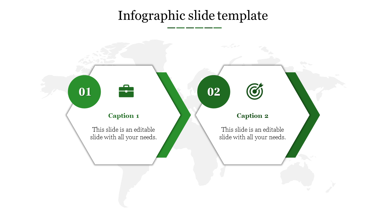 Simple infographic featuring two green-outlined hexagonal shapes, each with a circular label, icons, and caption areas.