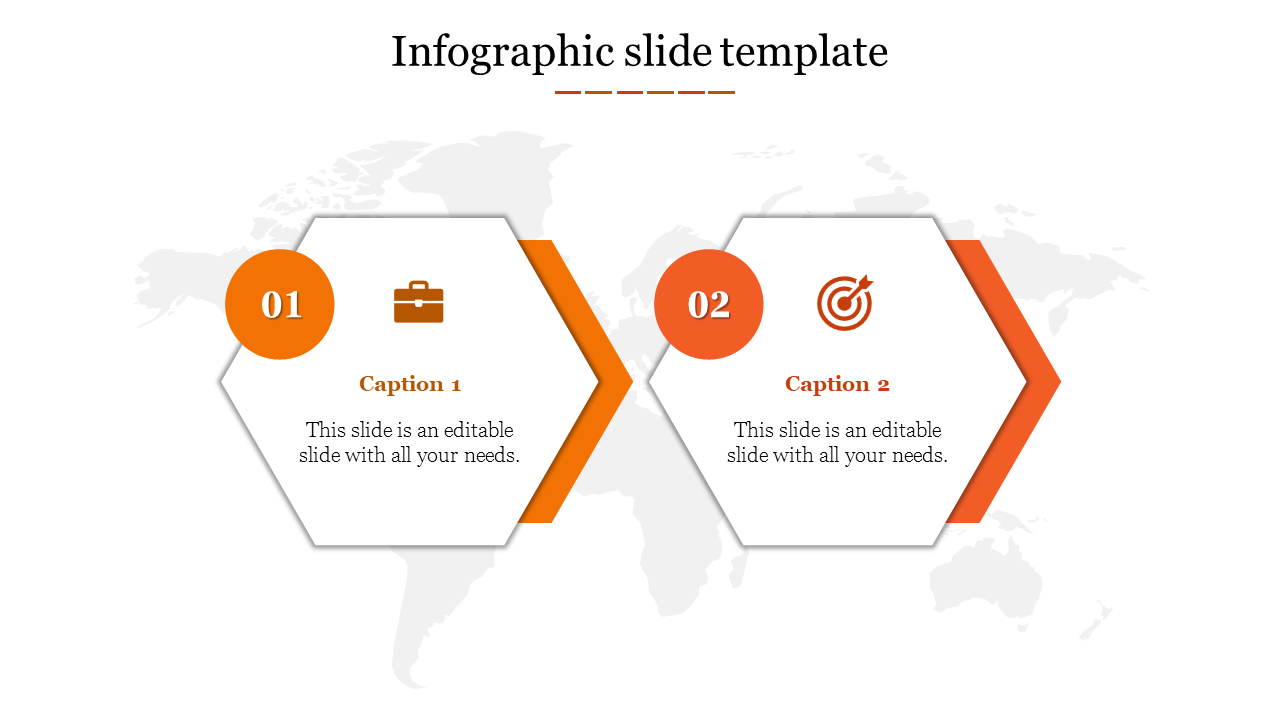 Two orange hexagon shaped infographics labeled 01 and 02, featuring business and target icons with text captions.