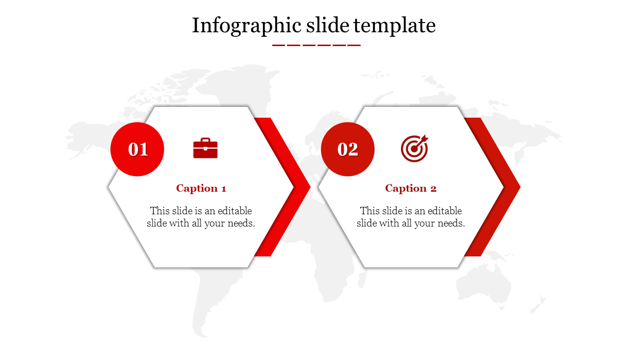 Visual template with two red hexagons on a world map background, each containing an icon and placeholder areas.