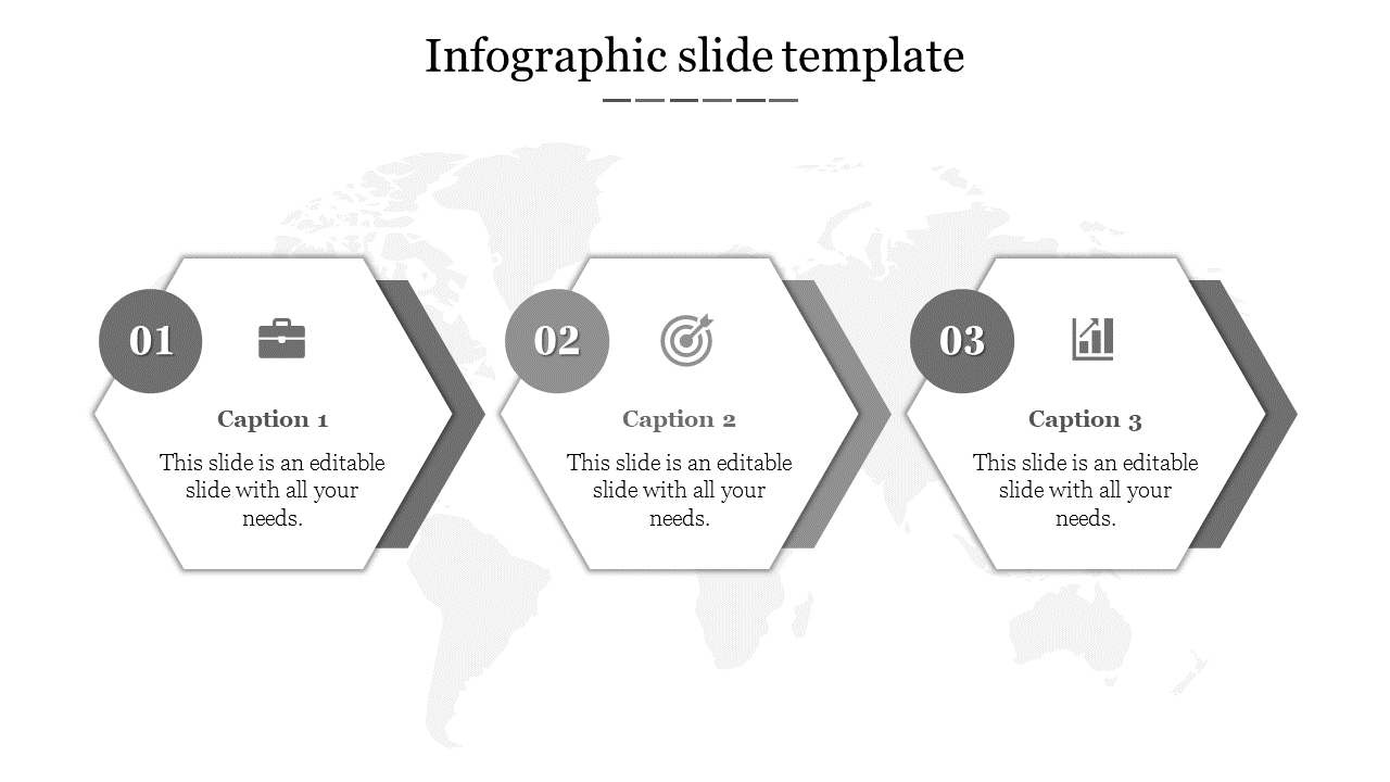 Infographic slide with three gray hexagons, each containing icons for briefcase, target, and bar chart in sequence.