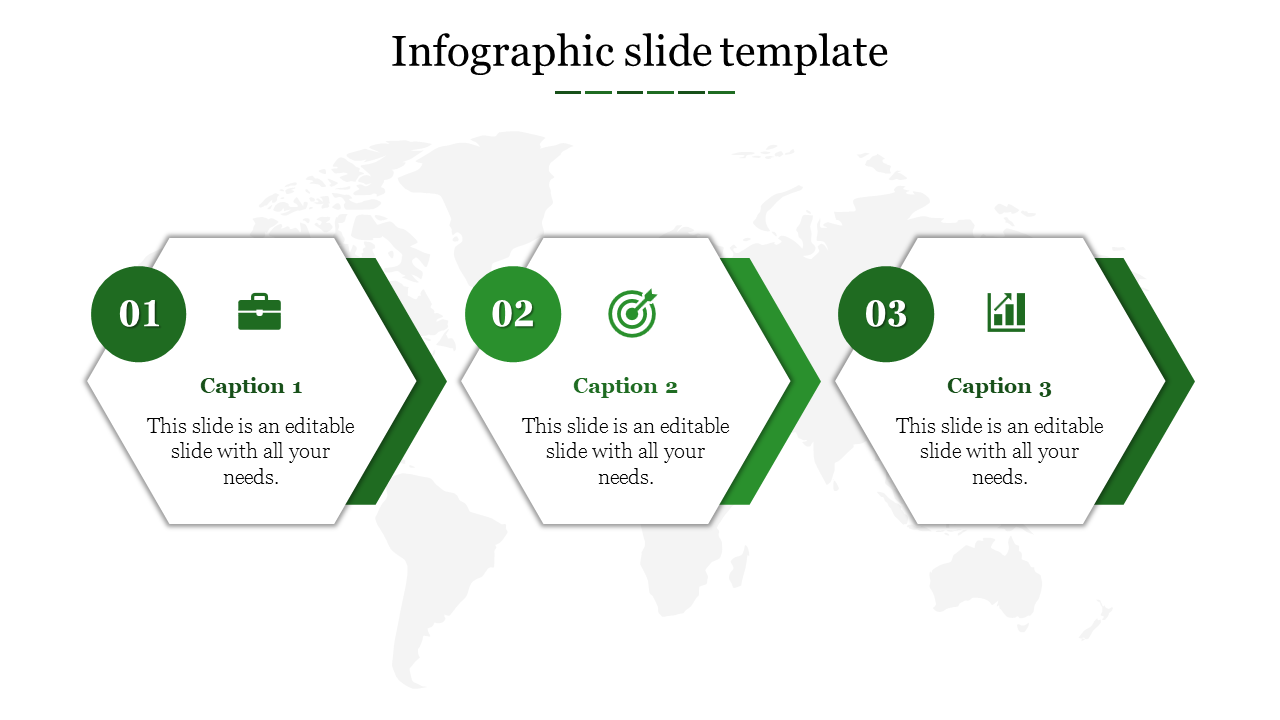 Three green hexagons with icons and captions, arranged horizontally on a world map background.