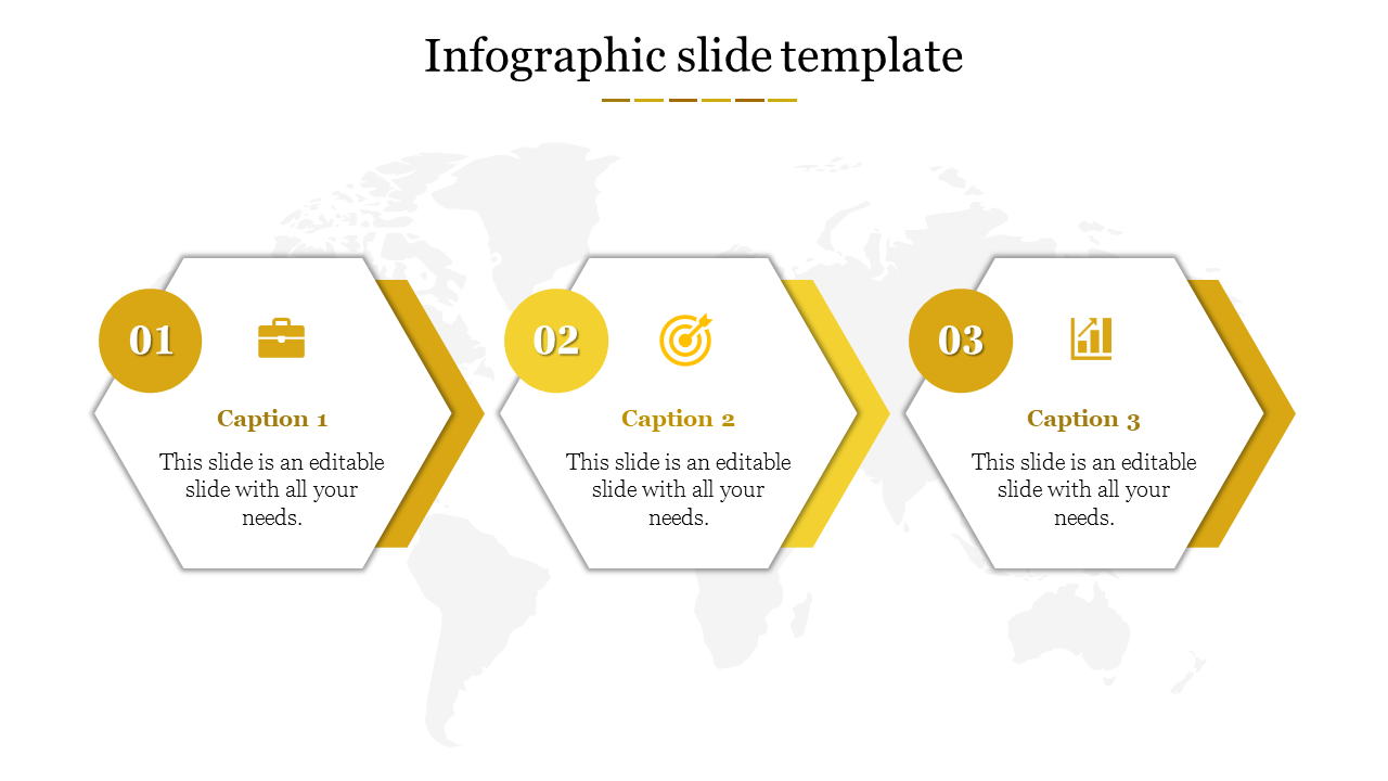 Infographic PPT slide with yellow hexagonal icons for business, goal setting, and data analysis with captions.