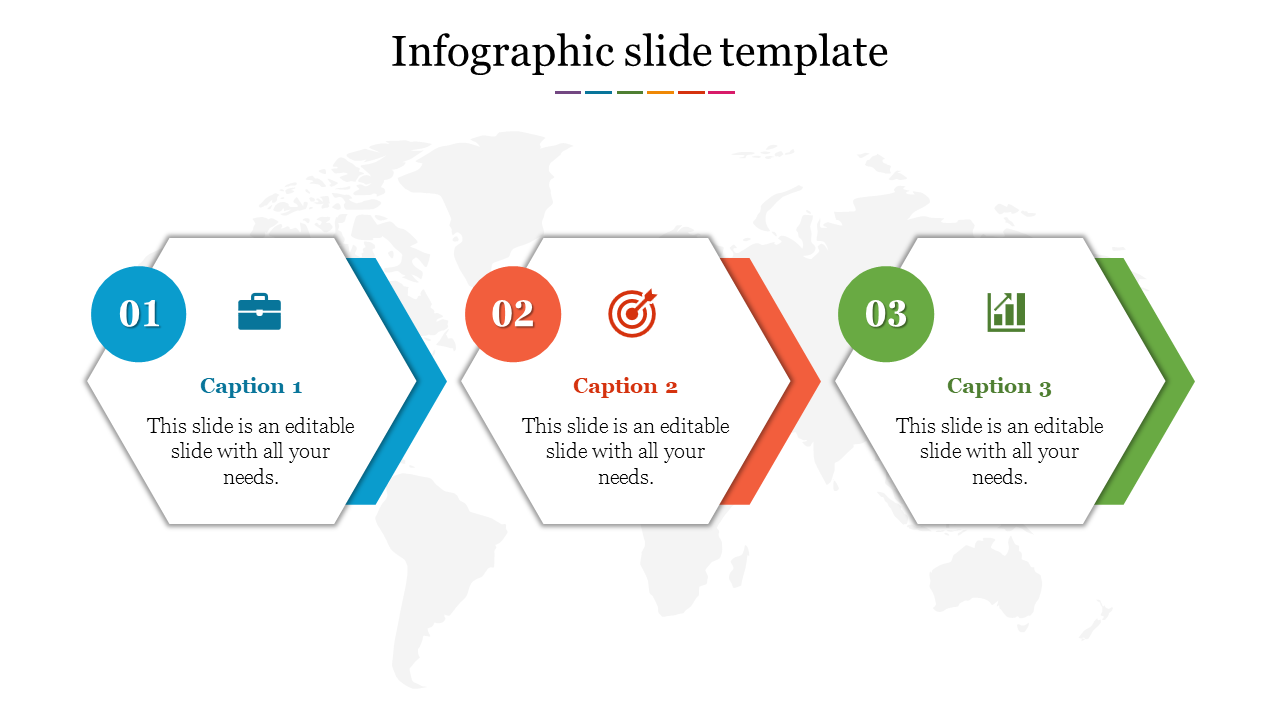 Three step infographic slide with numbered hexagons in blue, orange, and green, each featuring icons and captions.